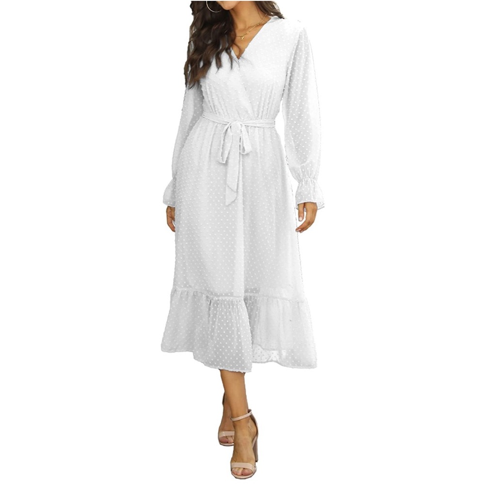Women's White Long Sleeve Wrap Swiss Dot A-Line Dress with Belt